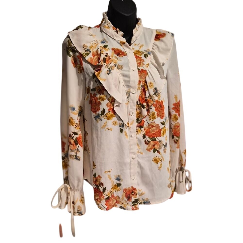 Bleuh Ciel Floral Ruffle Button Down Blouse Orange Yellow Cream Small HTN2608